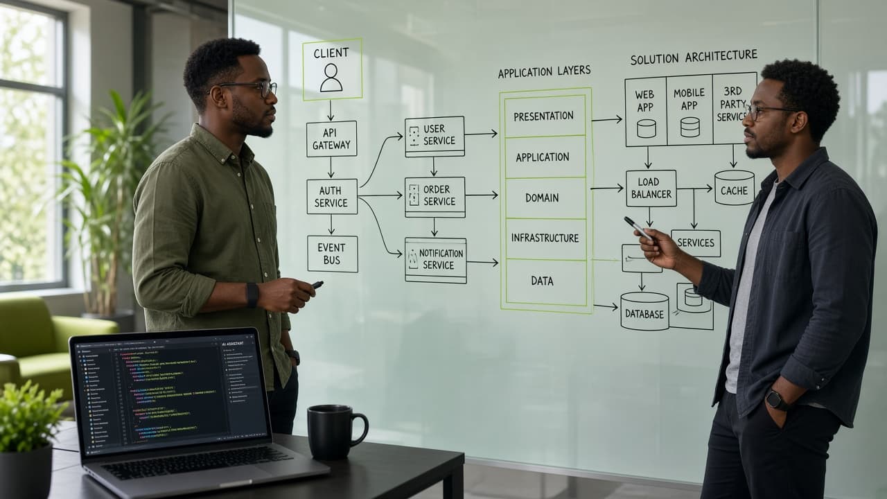 Developers reviewing a solution architecture on a glass board beside a laptop with an AI coding assistant